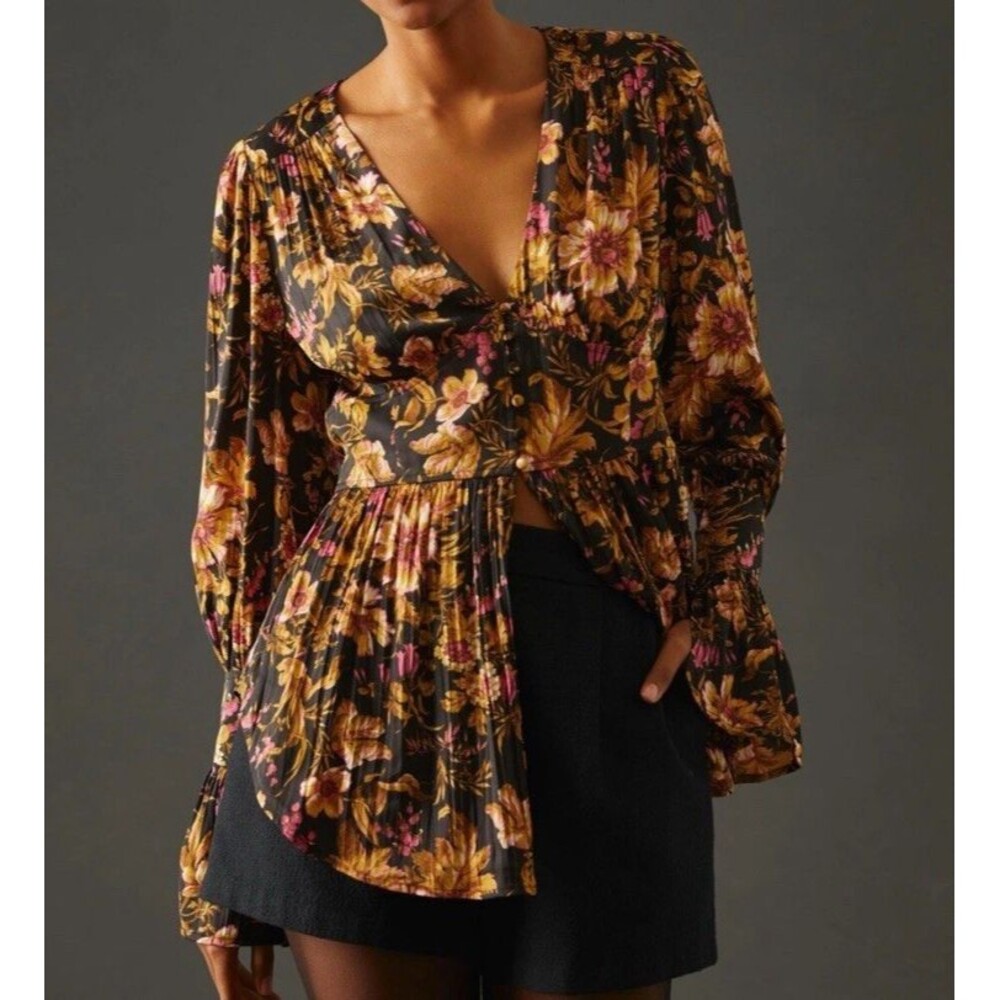 NWT Anthropologie Tunic Top Blouse Shirt Size M Deep-V Floral Long Sleeve Boho - Picture 2 of 13